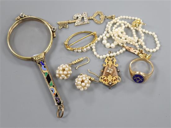 An enamelled gilt lorgnette, seed pearl necklace, 9ct gold and enamel masonic ring and sundry jewellery